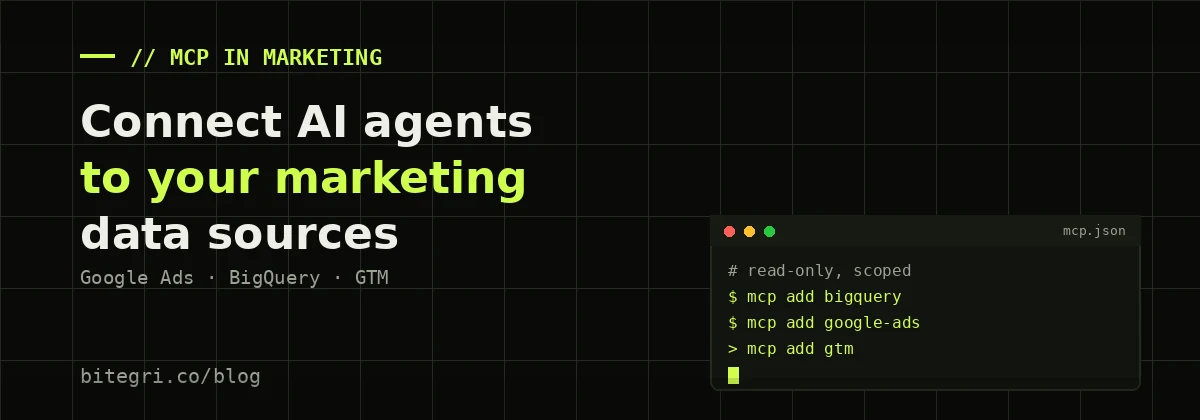 Terminal-style cover showing an MCP server config connecting an AI agent to Google Ads, BigQuery and Google Tag Manager