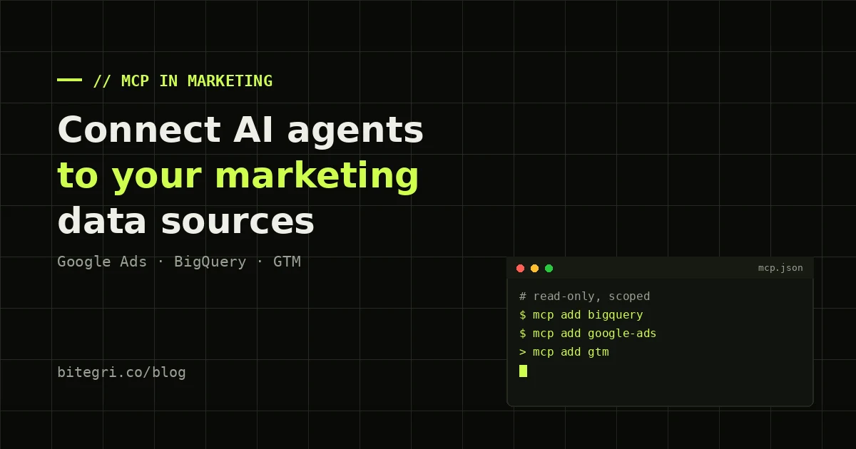 Terminal-style cover showing an MCP server config connecting an AI agent to Google Ads, BigQuery and Google Tag Manager