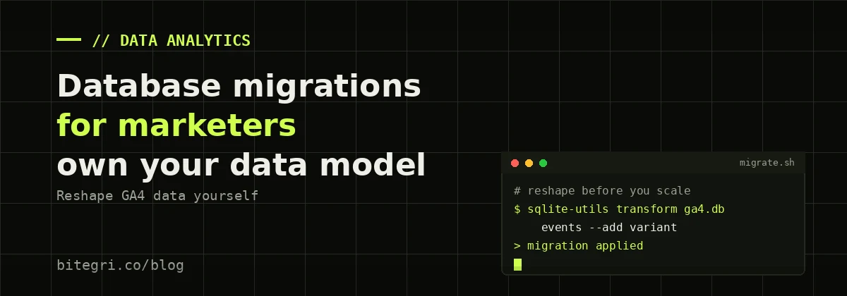 Terminal-style cover showing a database migration step inside a GA4 to BigQuery pipeline