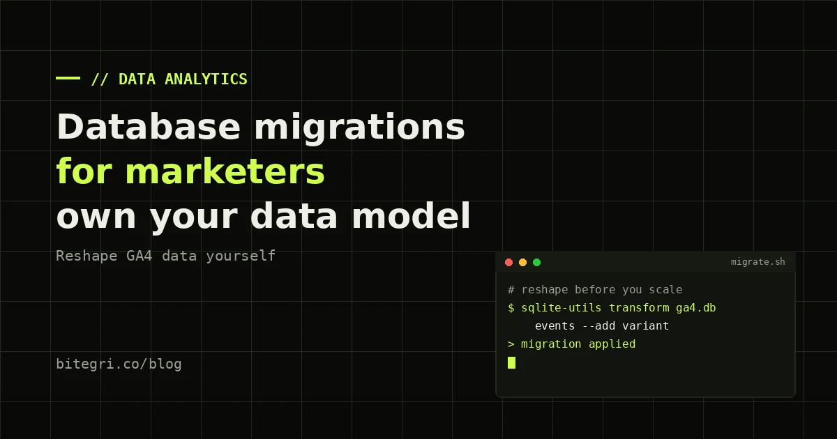 Terminal-style cover showing a database migration step inside a GA4 to BigQuery pipeline