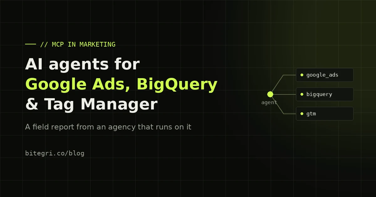 Diagram of an AI agent connected via MCP to Google Ads, BigQuery and Google Tag Manager